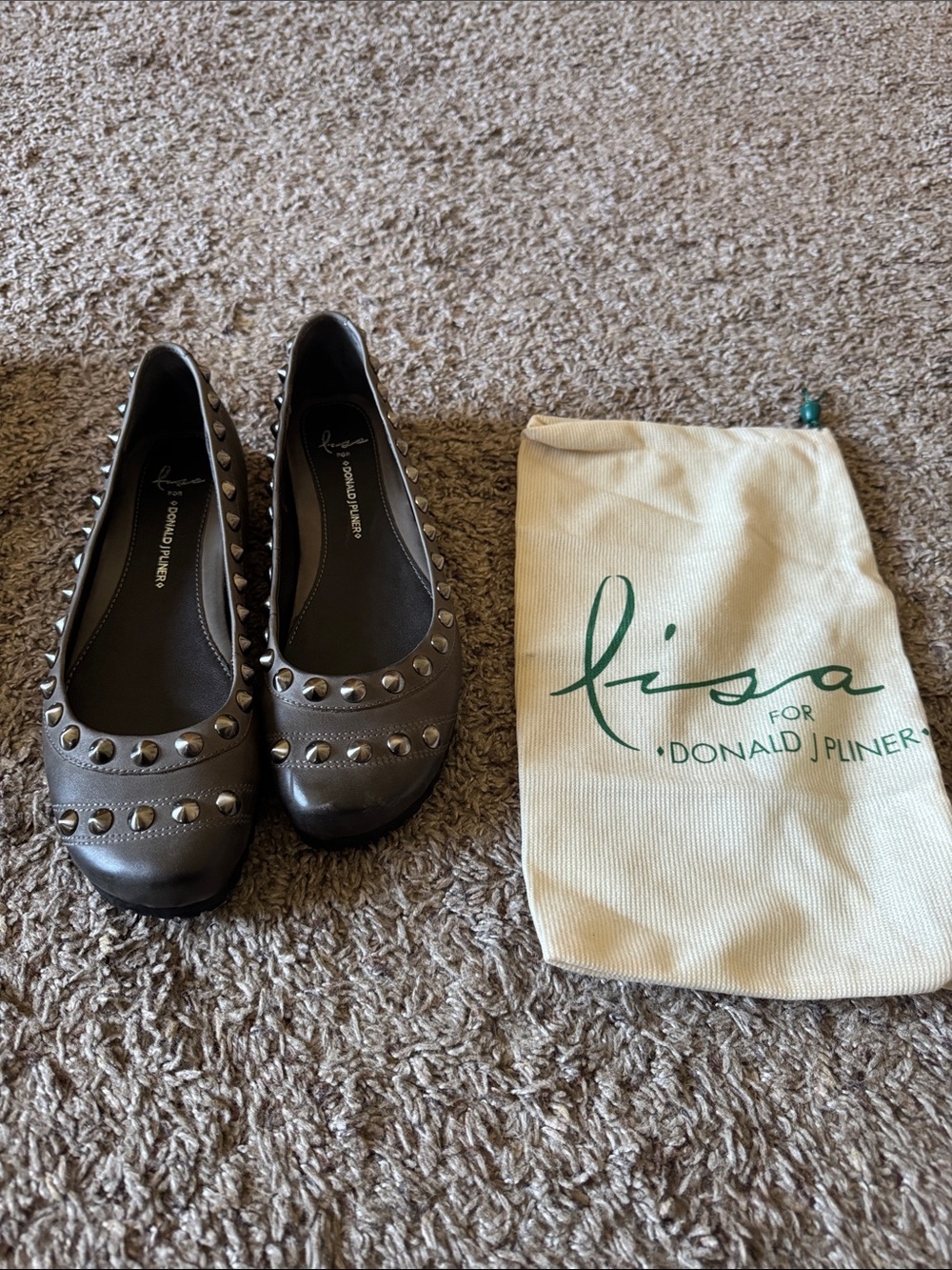 Lisa for Donald J. Pliner Gray Leather Studded Ballet Flats